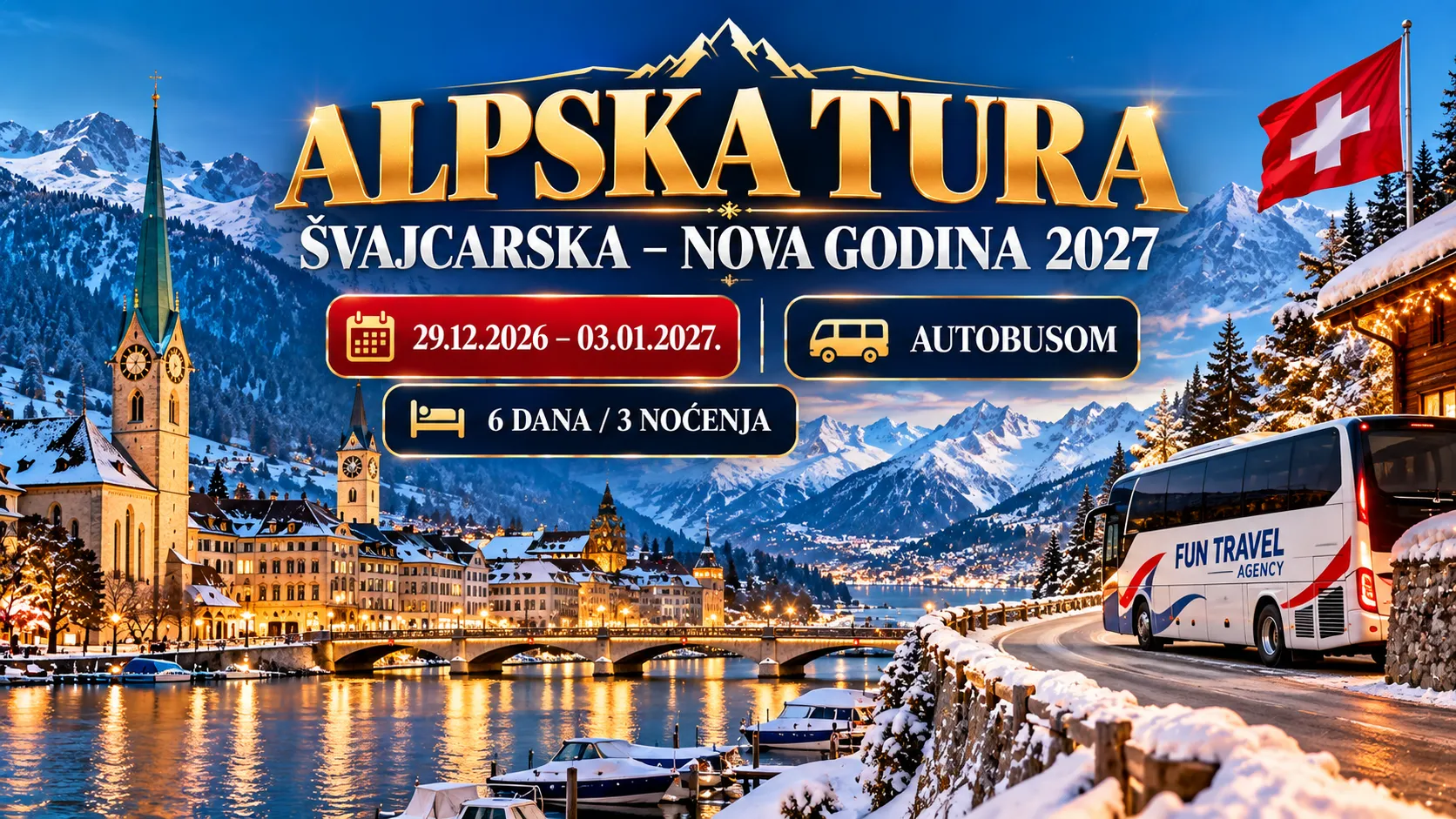 Alpska tura Nova godina 2027 – Švajcarska, Cirih, Davos i Sent Moric